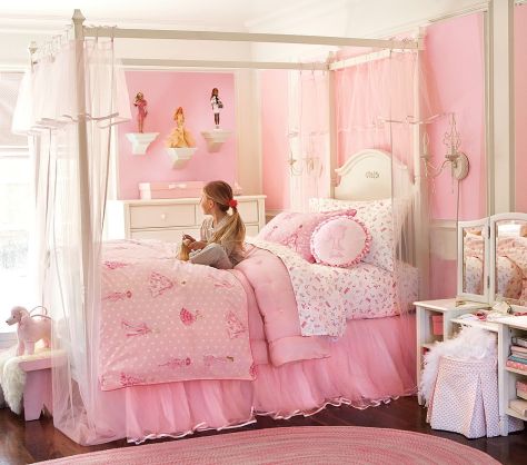 Girl-Bedroom-Paint-Ideas-Pink-and-White-Paint-Combination-with-Wall-Mount-Chandelier-Barbie-Collection-Cabinet-Display-Polkadot-Curtain