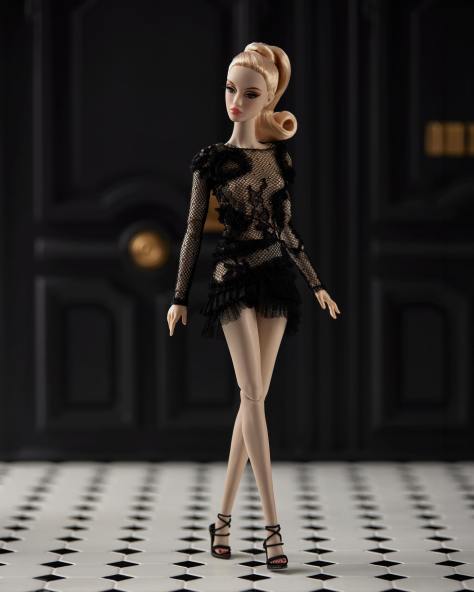 Defa Lucy: Black Long-Sleeve Appliqué Lace Top with Matching Lace Ruffled Mini Skirt