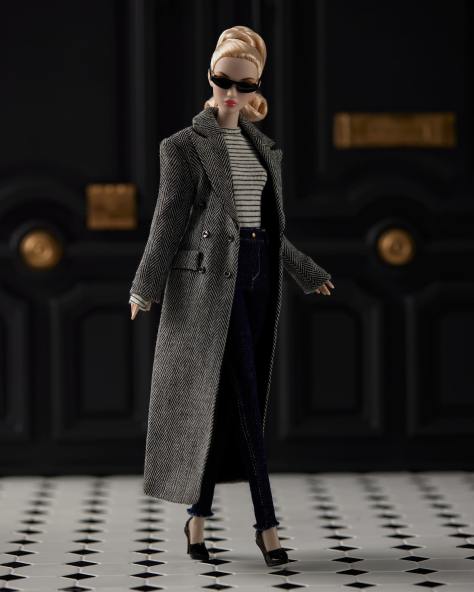 Defa Lucy: Grey Melange Herringbone Double-Breasted Wool Coat